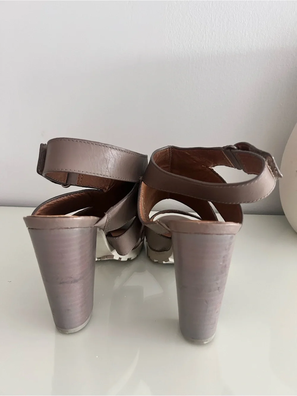 Saks Fifth Avenue Taupe Leather Block Heel Sandals